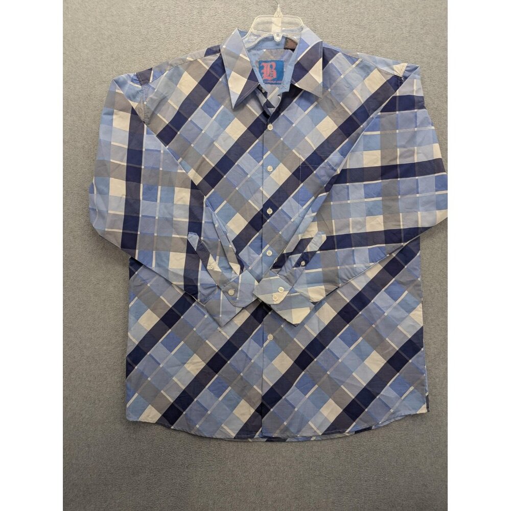 Brooklyn Xpress Shirt Mens 2XL Blue Gray Plaid Button Down Long Sleeve Pocket
